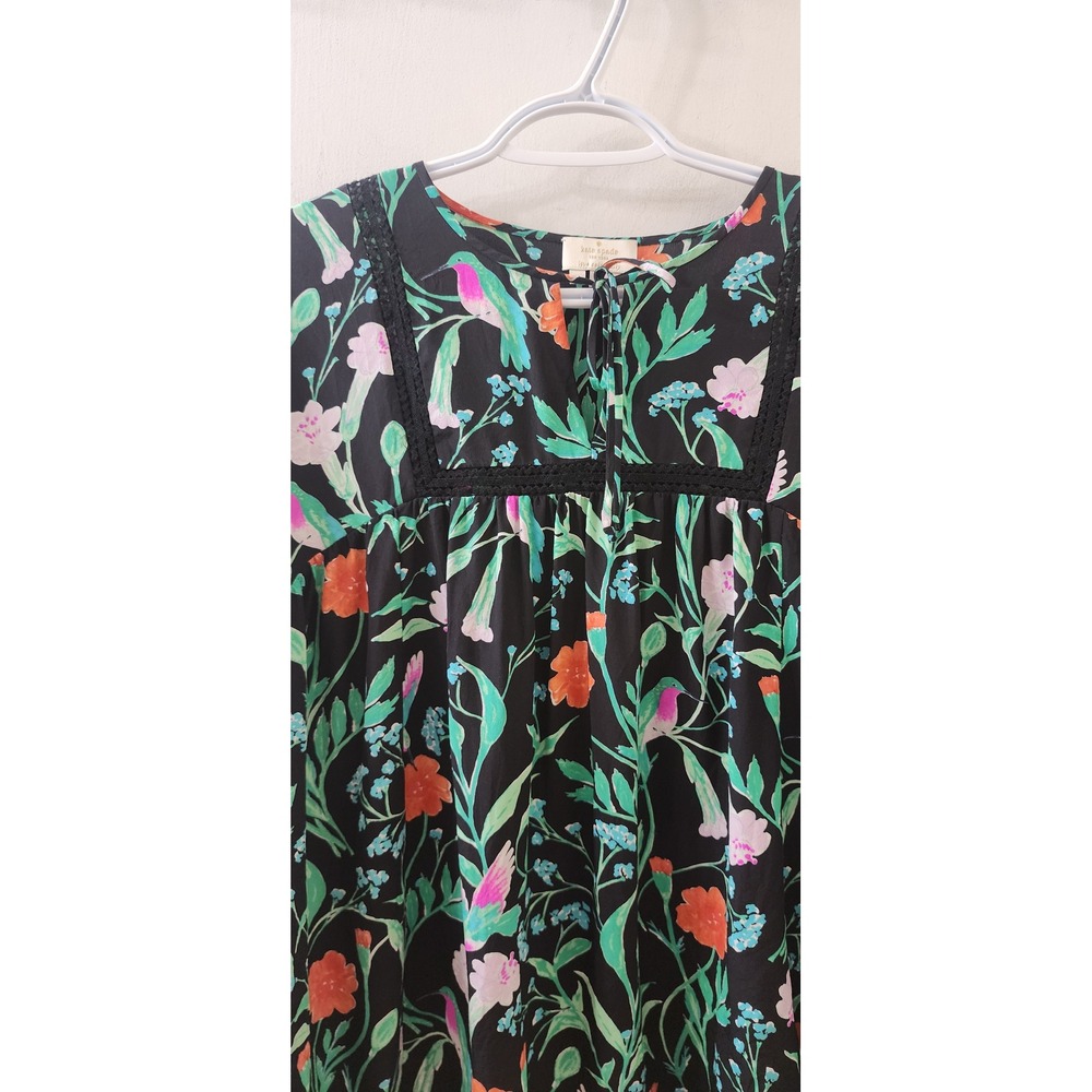 Kate Spade Silk Floral Bird Blouse Black Crochet Trim NJMU7761 Womens Medium - Picture 3 of 12